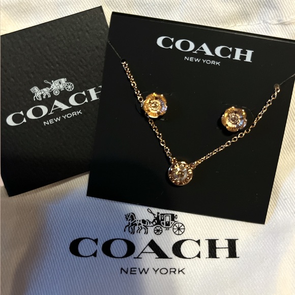 COACH Current Season Open Circle Necklace & Tea Rose Stud SET BNWT ROSE GOLD - Picture 1 of 7